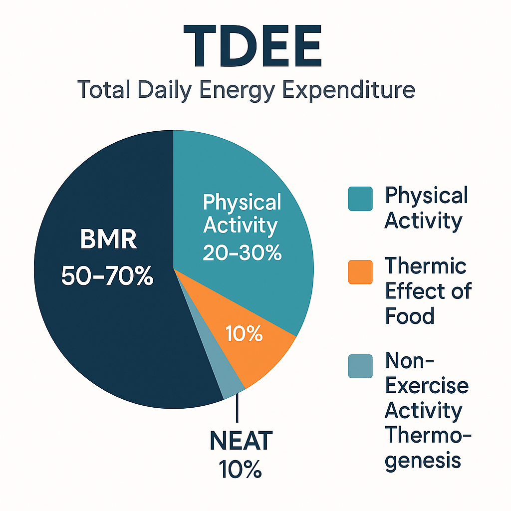 TDEE components pie chart showing BMR (50-70%), Physical Activity (20-30%), Thermic Effect of Food (10%), and NEAT Non-Exercise Activity Thermogenesis (10%)